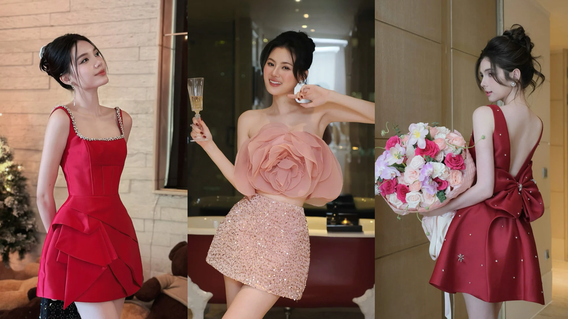 AE Purity looks featuring red dresses and a pink matching set